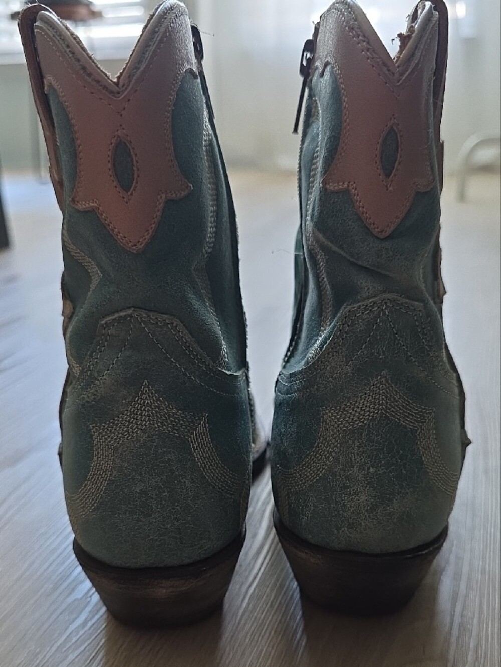 Caborca Distressed Turquoise Leather Western Ankle Booties - Picture 7 of 15